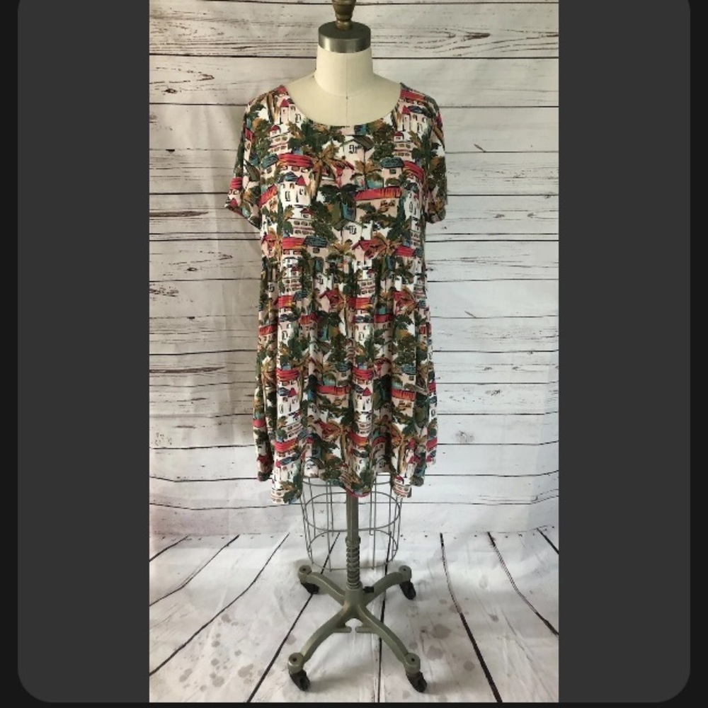 Tropical Island Paradise Large Babydoll Mini Dress Cover Up Vacation Palm Trees